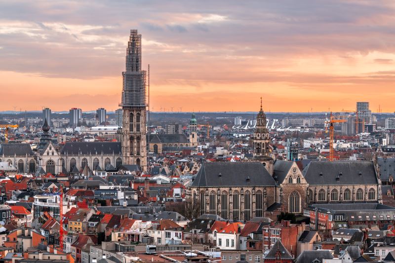 belgium city view with ancient buildings