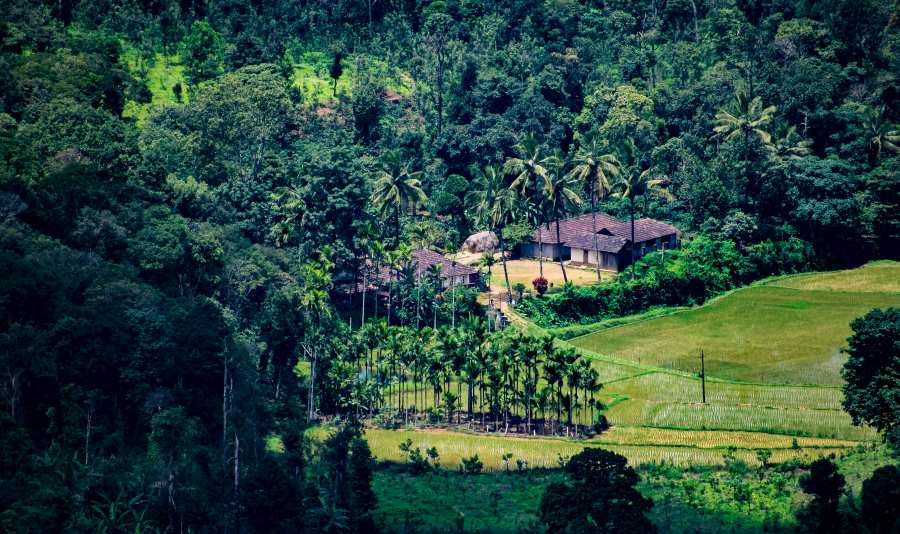 an amazing view of home surrounded by hills and trees in coorg