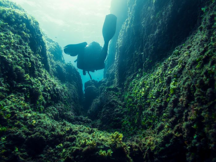 a scuba diver between rocks