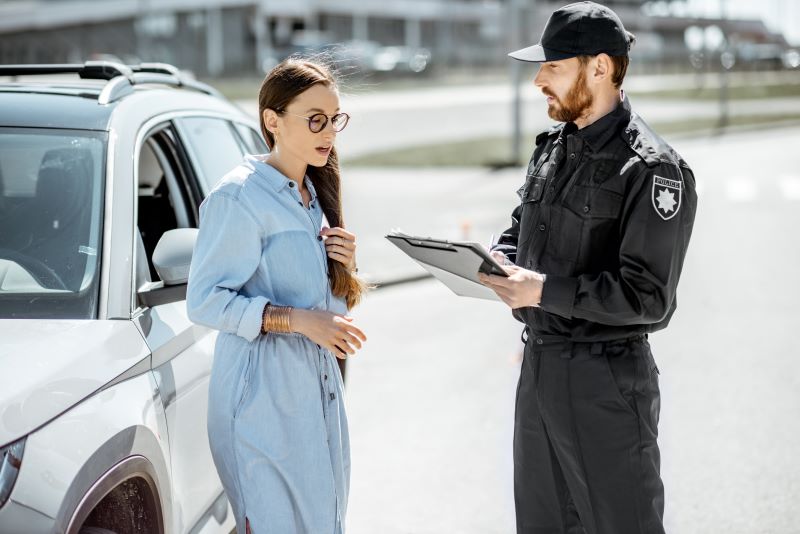 a woman talking to a cop