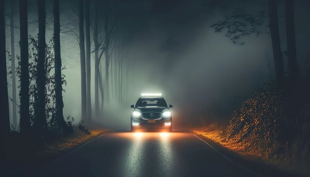 a driver using fog lights while driving a car in early morning