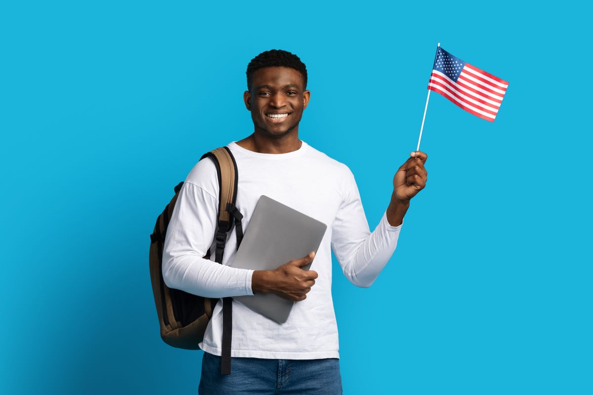 student with usa flag