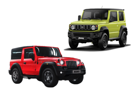 mahindra thar and maruti jimny in white background