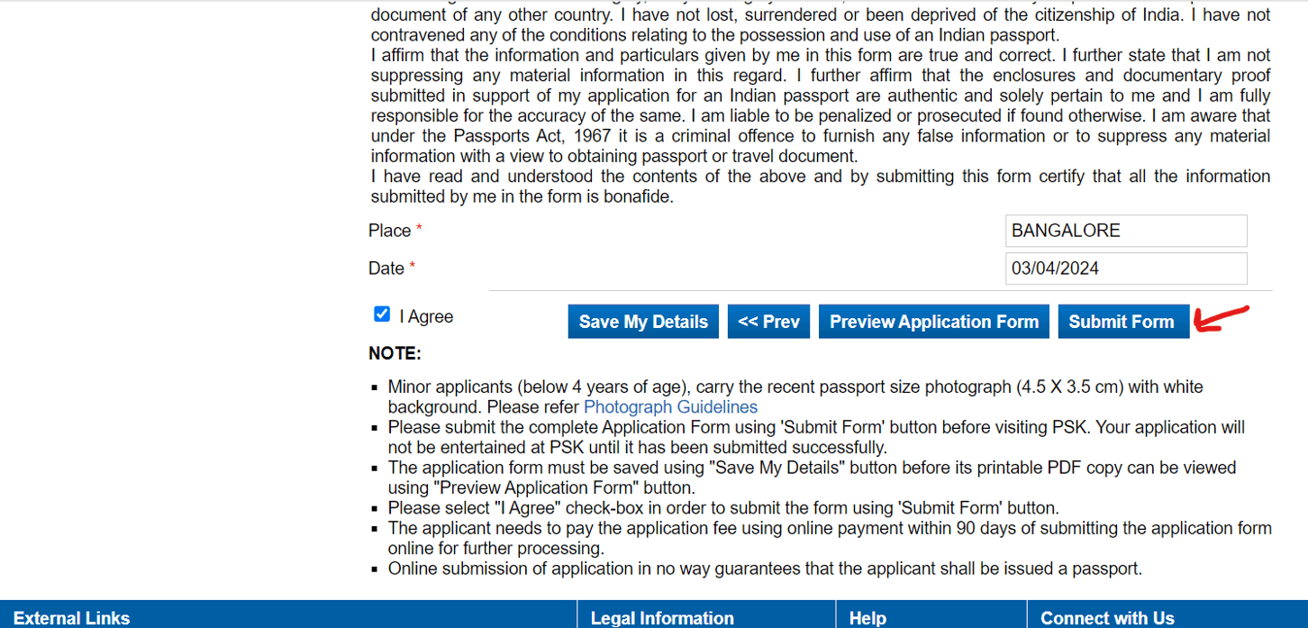 Submit the form in passport seva final step