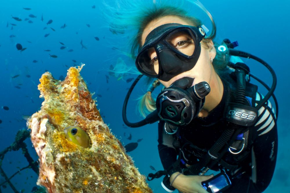 women looking at a yellow fish