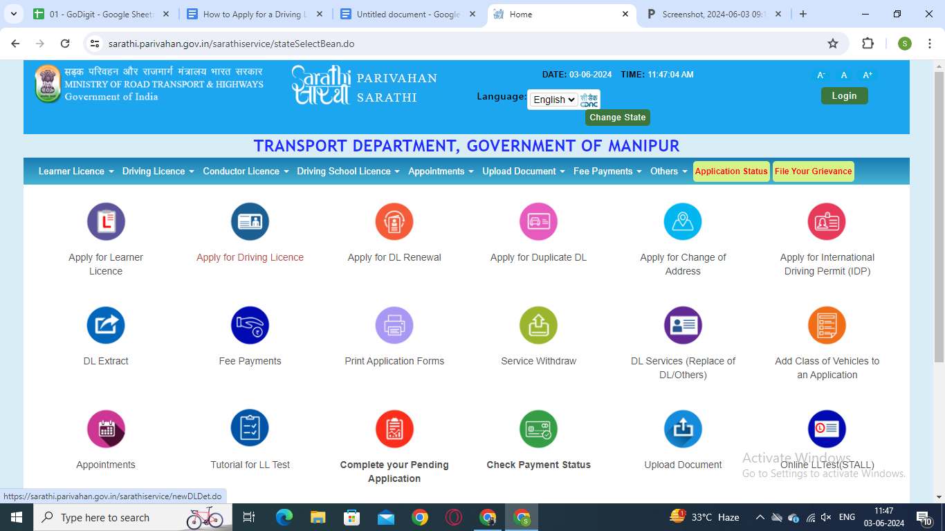 step three of how to apply for driving licence in manipur by clicking on the option of apply online as shown in the image.