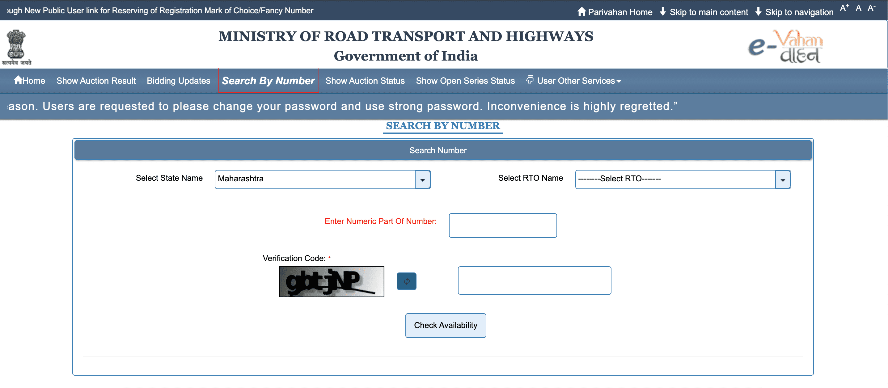 Step Two of How to Check Availability of Fancy Number in Maharashtra