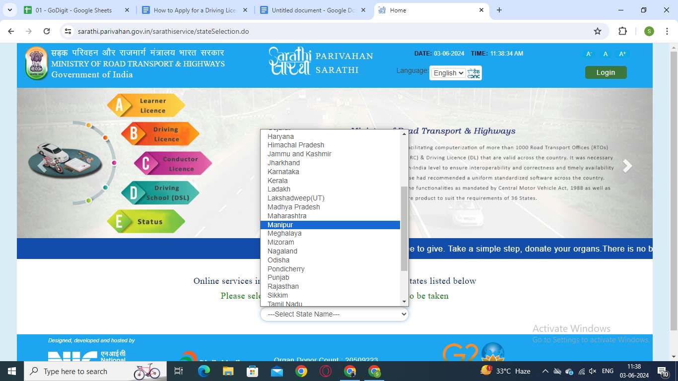 step two of how to apply for driving licence in manipur by selecfing the driving licence related services option in the webpage shown.