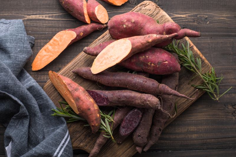 sweet potato on wooden board