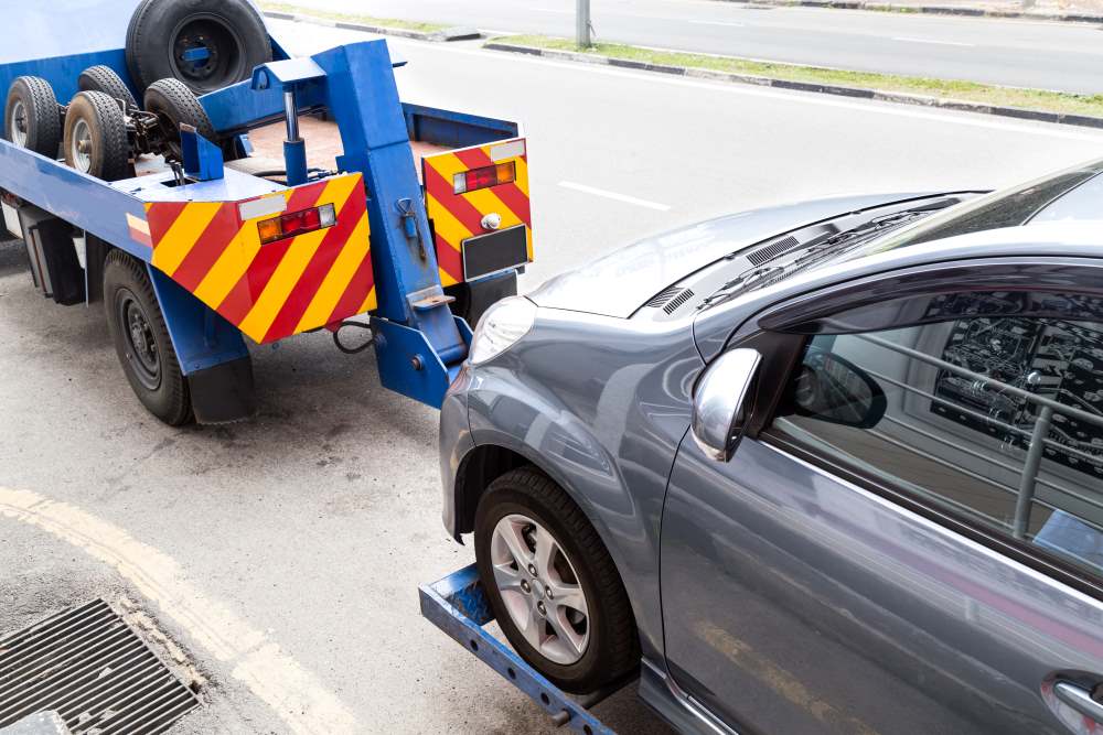 tow truck towing a broken car