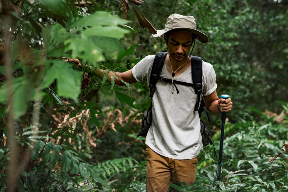 Young man trekking in a forest range of meghalaya at morning