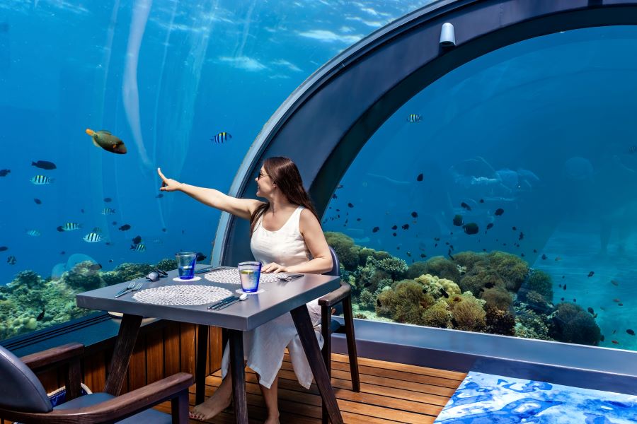 woman enjoying dinner underwater