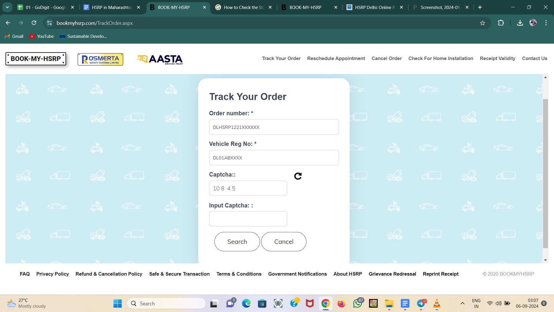 step three of how to apply for hsrp number plate in chennai