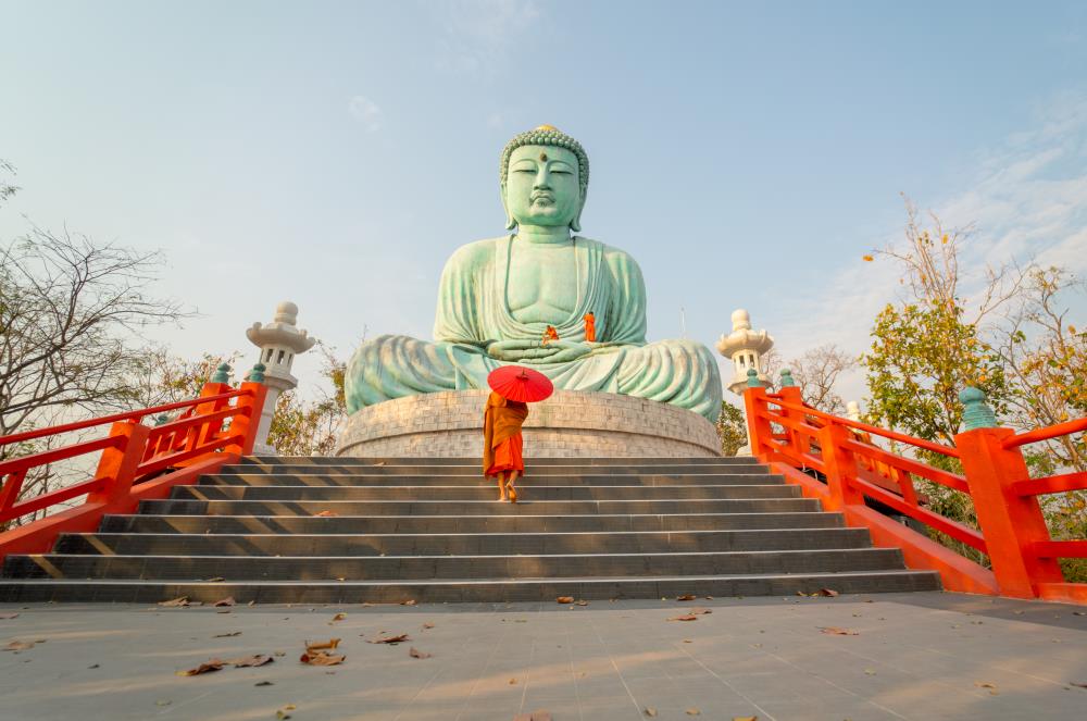 wide shot of buddha statue