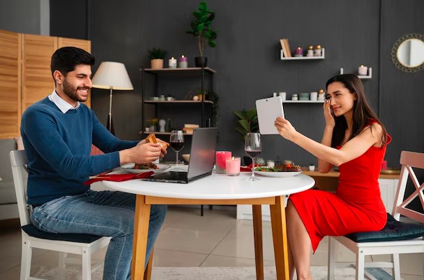 young couple enjoying virtual date